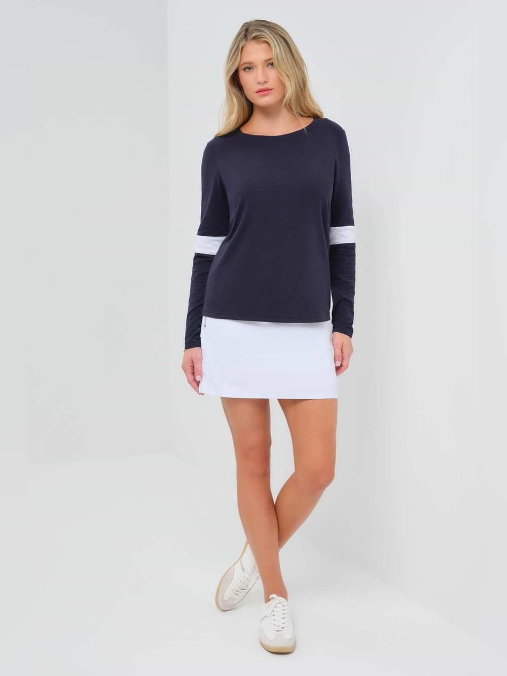 NWT Anatomie Kensley Contrast Sleeve Pima Top Navy White XL Travel Shirt